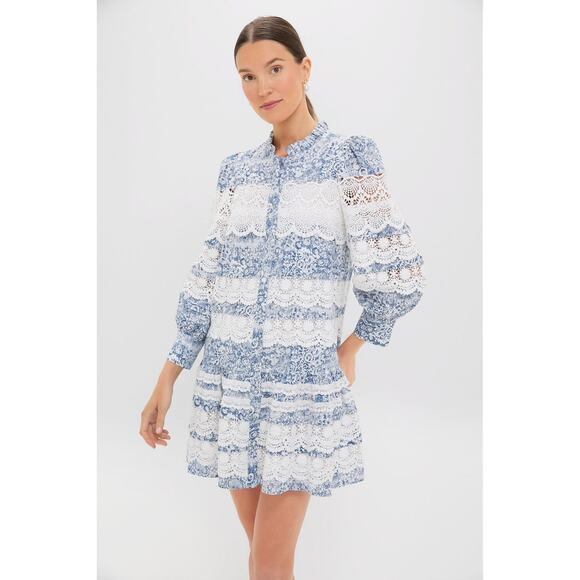 HYACINTH HOUSE Lace Trim Blue Etched Floral Emmie Mini Dress Size XL NWT - Picture 1 of 8